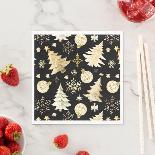 Serviette En Papier Élégant Black Gold Snowflakes Christmas Tree Balls (En situation)