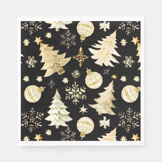 Serviette En Papier Élégant Black Gold Snowflakes Christmas Tree Balls (Devant)