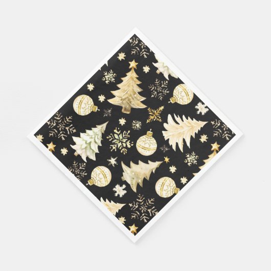 Serviette En Papier Élégant Black Gold Snowflakes Christmas Tree Balls (Coin)