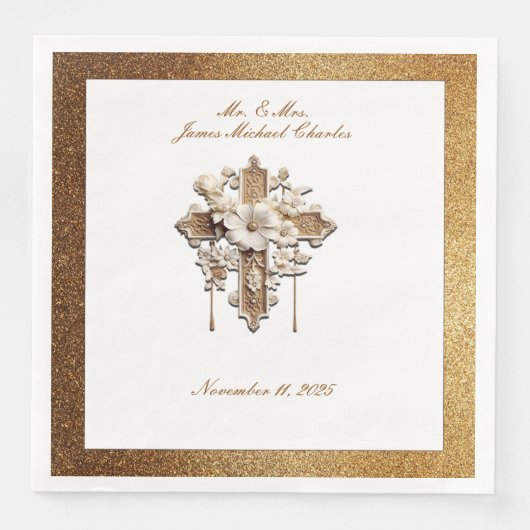 Serviette En Papier Elégant Blanc avec Gold Trim Mariage Dîner (Devant)