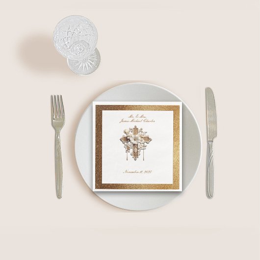 Serviette En Papier Elégant Blanc avec Gold Trim Mariage Dîner
