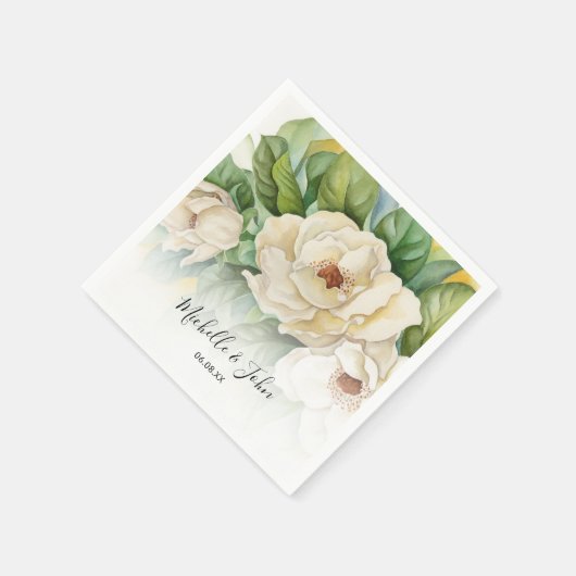 Serviette En Papier Élégant blanc floral Magnolia Nom Mariage de scrip (Coin)