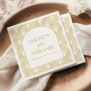 Serviette En Papier Elégant Blanc Or Géométrique Mariage Art Déco