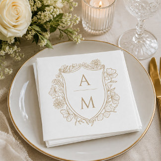 Serviette En Papier Élégant Blason Floral Monogramme Mariage