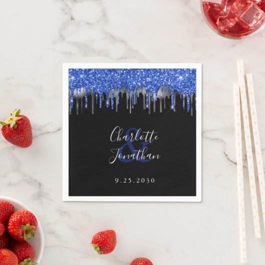 Serviette En Papier Elégant bleu argent Parties scintillant noir Maria (En situation)