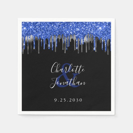 Serviette En Papier Elégant bleu argent Parties scintillant noir Maria (Devant)