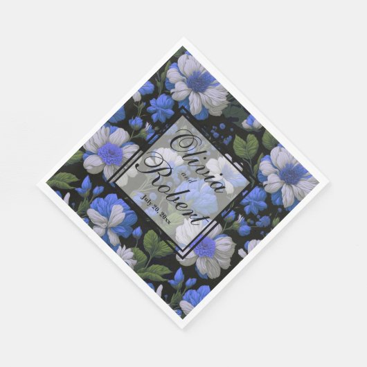 Serviette En Papier Elégant bleu argenté blanc élégant floral rétro (Coin)