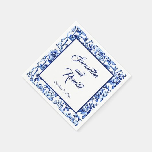 Serviette En Papier Elégant bleu blanc Mariage en toile florale (Coin)