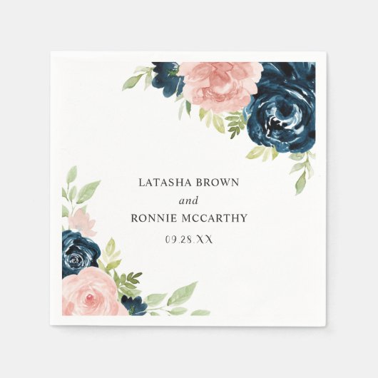 Serviette En Papier Elégant bleu bleu marine bleu Mariage floral (Devant)
