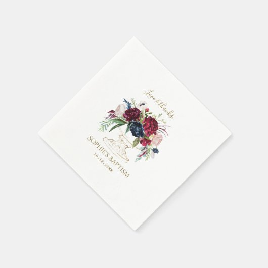 Serviette En Papier Elégant Bleu Bourgogne Aquarelle Fleurs Baptême (Coin)