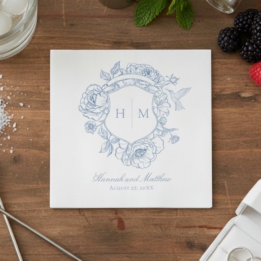 Serviette En Papier Elégant bleu Chinoiserie Bird Crest Mariage
