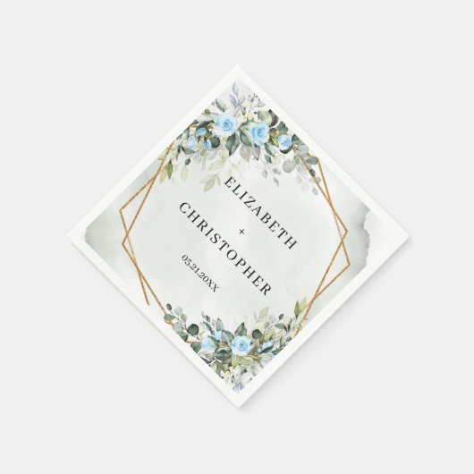 Serviette En Papier Élégant bleu clair fleurs eucalyptus or mariage (Coin)