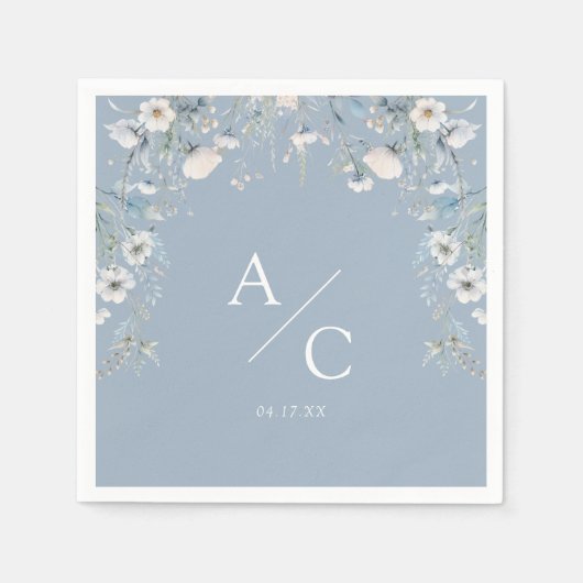 Serviette En Papier Elégant bleu Dusty Fleurs Floral Mariage (Devant)