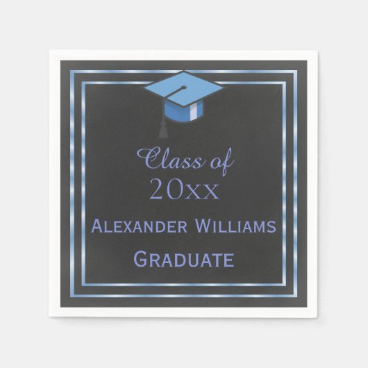 Serviette En Papier Élégant Bleu encadré Graduation (Devant)