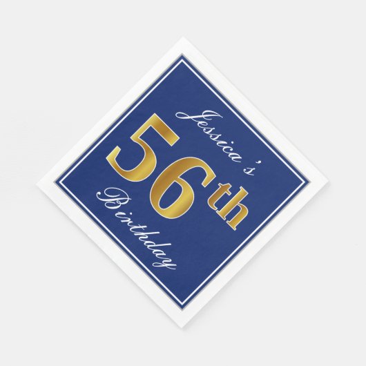 Serviette En Papier Elégant bleu, Faux Gold 56e anniversaire; Nom pers (Coin)