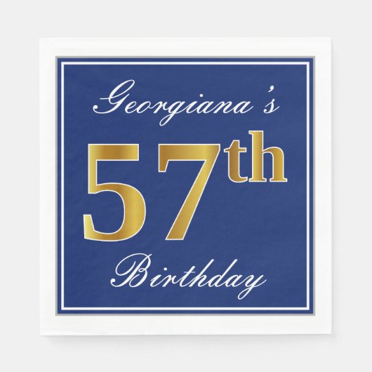 Serviette En Papier Elégant bleu, Faux Gold 57e anniversaire; Nom pers (Devant)