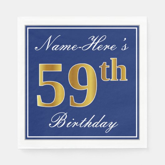 Serviette En Papier Elégant bleu, Faux Gold 59e anniversaire; Nom pers (Devant)