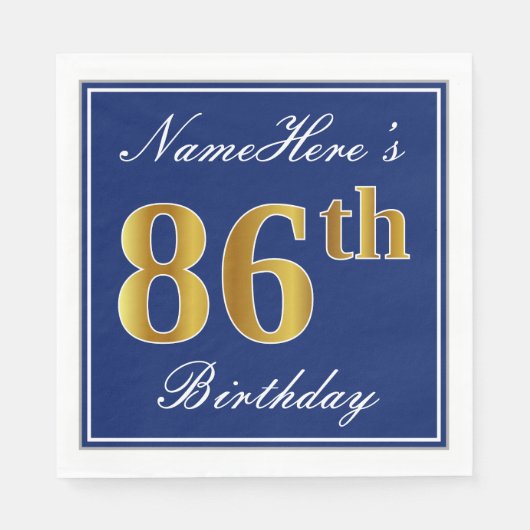 Serviette En Papier Elégant bleu, Faux Gold 86e anniversaire; Nom pers (Devant)