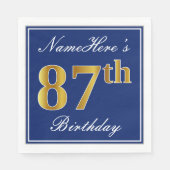 Serviette En Papier Elégant bleu, Faux Gold 87e anniversaire; Nom pers (Devant)