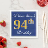 Serviette En Papier Elégant bleu, Faux Gold 94e anniversaire; Nom pers (En situation)
