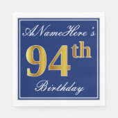 Serviette En Papier Elégant bleu, Faux Gold 94e anniversaire; Nom pers (Devant)