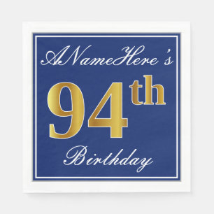 Serviette En Papier Elégant bleu, Faux Gold 94e anniversaire; Nom pers