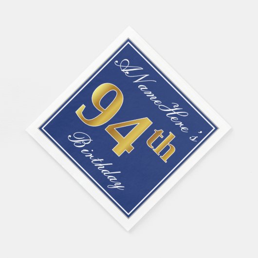Serviette En Papier Elégant bleu, Faux Gold 94e anniversaire; Nom pers (Coin)