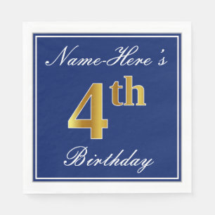 Serviette En Papier Elégant bleu, Faux or 4ème anniversaire + Nom pers
