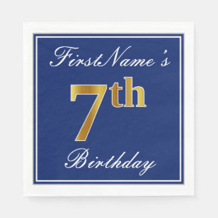 Serviette En Papier Elégant bleu, Faux or 7ème anniversaire + Nom pers