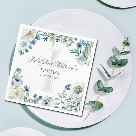 Serviette En Papier Élégant bleu floral croisé religieux Baptême