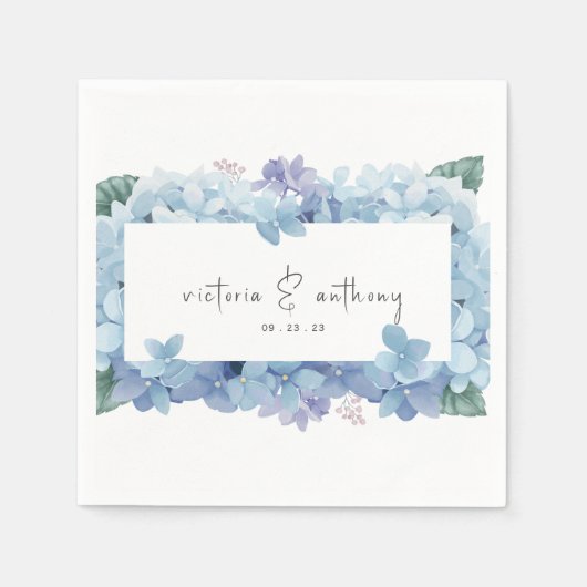 Serviette En Papier Elégant bleu Floral Hydrangeas Nom Date Mariage (Devant)