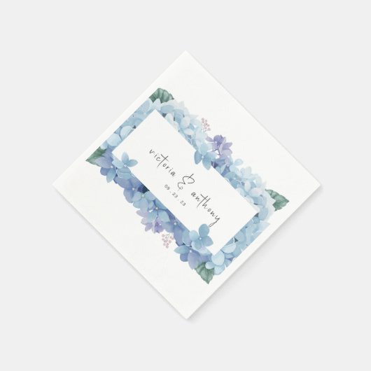 Serviette En Papier Elégant bleu Floral Hydrangeas Nom Date Mariage (Coin)
