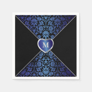 Serviette En Papier Elégant bleu foncé et noir Damas   Monogramme