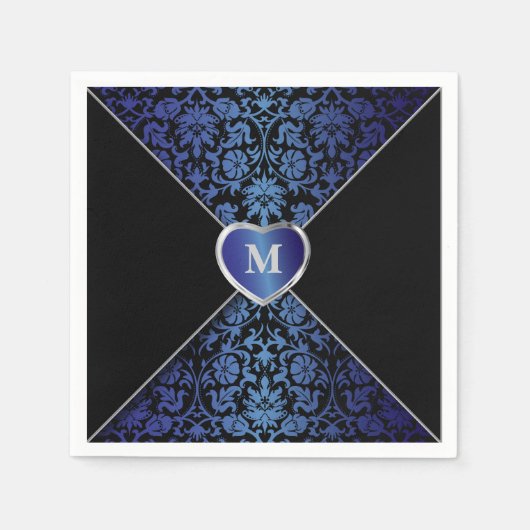 Serviette En Papier Elégant bleu foncé et noir Damas | Monogramme (Devant)