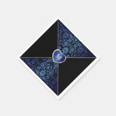 Serviette En Papier Elégant bleu foncé et noir Damas | Monogramme (Coin)