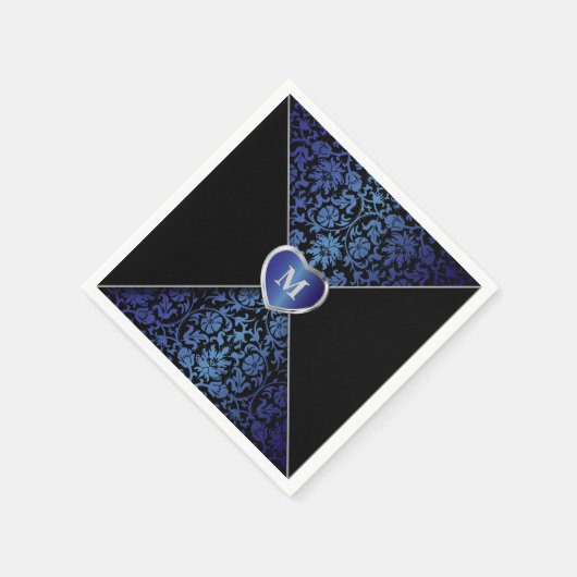 Serviette En Papier Elégant bleu foncé et noir Damas | Monogramme (Coin)