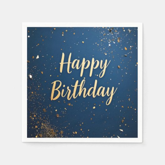 Serviette En Papier Elégant bleu foncé & Faux or Anniversaire (Devant)