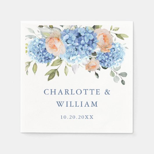 Serviette En Papier Élégant bleu Hydrangea rose Rose Mariage (Devant)