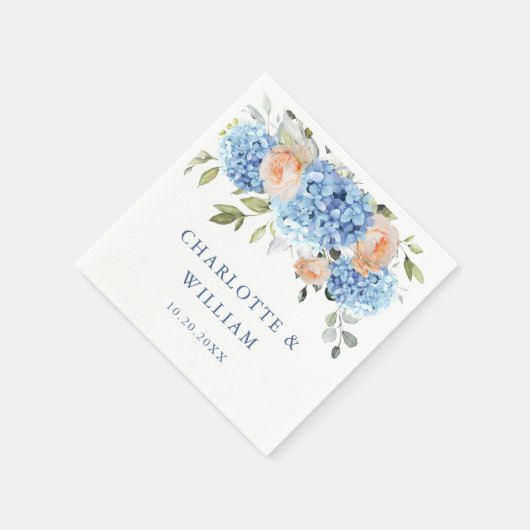 Serviette En Papier Élégant bleu Hydrangea rose Rose Mariage (Coin)