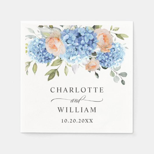 Serviette En Papier Élégant bleu Hydrangea rose Rose Mariage (Devant)
