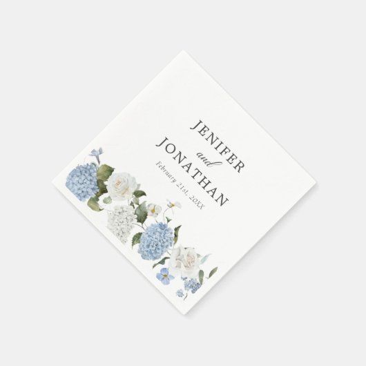 Serviette En Papier Elégant bleu Hydrangea Roses blanches Mariage flor (Coin)
