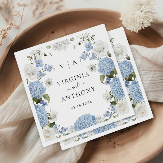 Serviette En Papier Elégant bleu Hydrangea Roses blanches Mariage flor