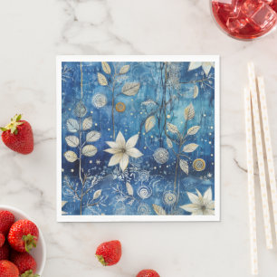 Serviette En Papier Élégant bleu indigo botanique d'hiver