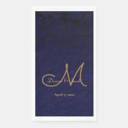 Serviette En Papier Élégant bleu marine bleu or Monogramme floral (Devant)
