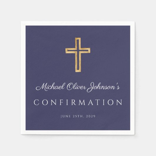 Serviette En Papier Elégant bleu marine Croix religieuse Confirmation (Devant)