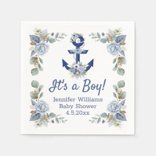 Serviette En Papier élégant bleu marine floral baby shower garçon naut