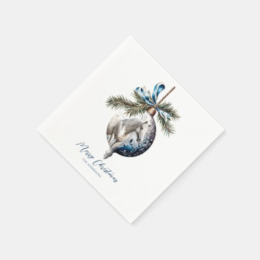 Serviette En Papier Élégant bleu Noël blanc cheval équestre (Coin)