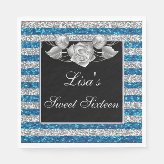 Serviette En Papier Elégant bleu Parties scintillant argent Rose argen (Devant)