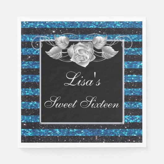 Serviette En Papier Elégant Bleu Parties scintillant Noir Argent Rose  (Devant)