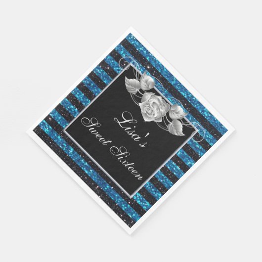 Serviette En Papier Elégant Bleu Parties scintillant Noir Argent Rose  (Coin)